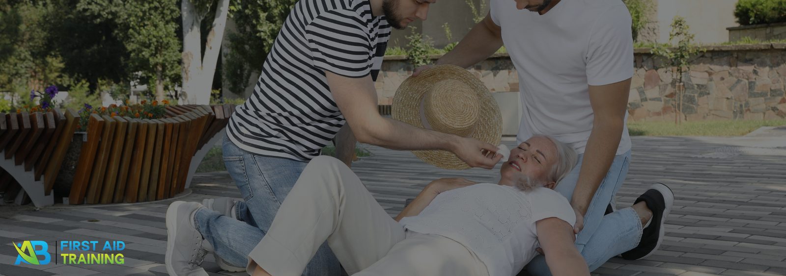 A woman collapsing outdoors, showing signs of heatstroke, heat exhaustion, and dehydration during extreme summer heat.